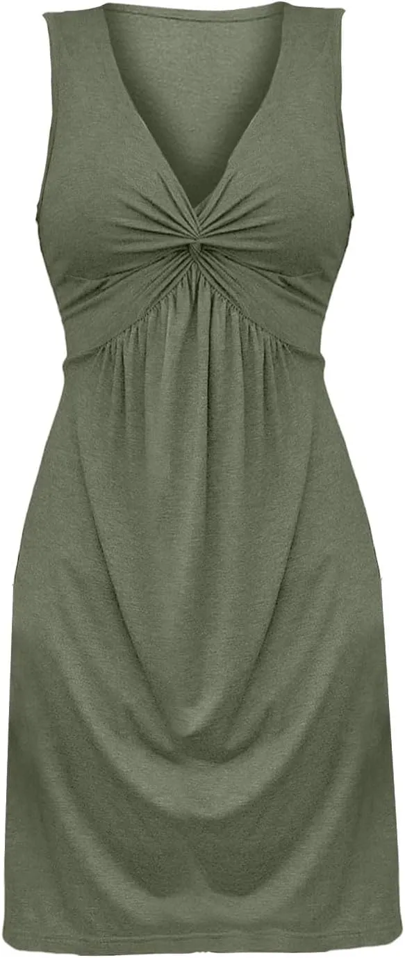 Summer Dresses for Women A-Line V Neck Sleeveless Dress Knotted Front Sundress Beach Vacation Outfits Sexy Sundress