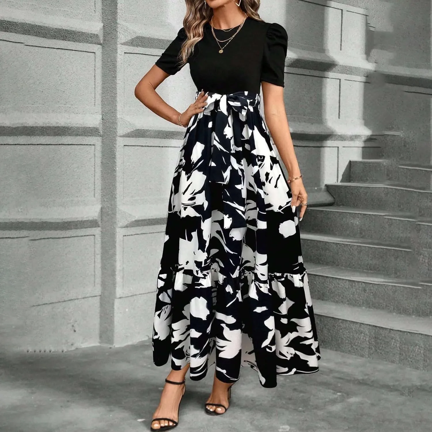 Summer Dresses for Women Floral Printrd A-Line Dress with Belt Flowy High Waist Maxi Dress Casual Elegant Long Dress