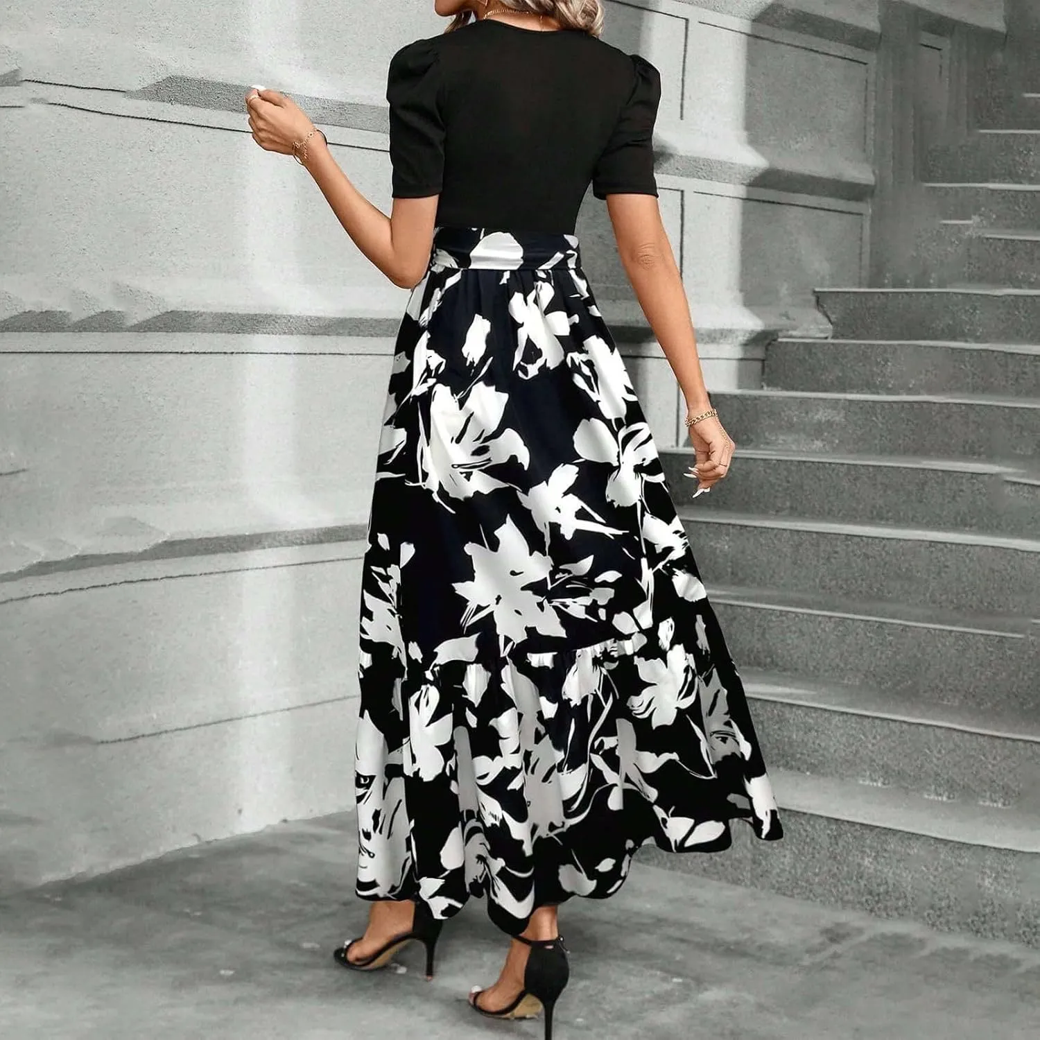 Summer Dresses for Women Floral Printrd A-Line Dress with Belt Flowy High Waist Maxi Dress Casual Elegant Long Dress