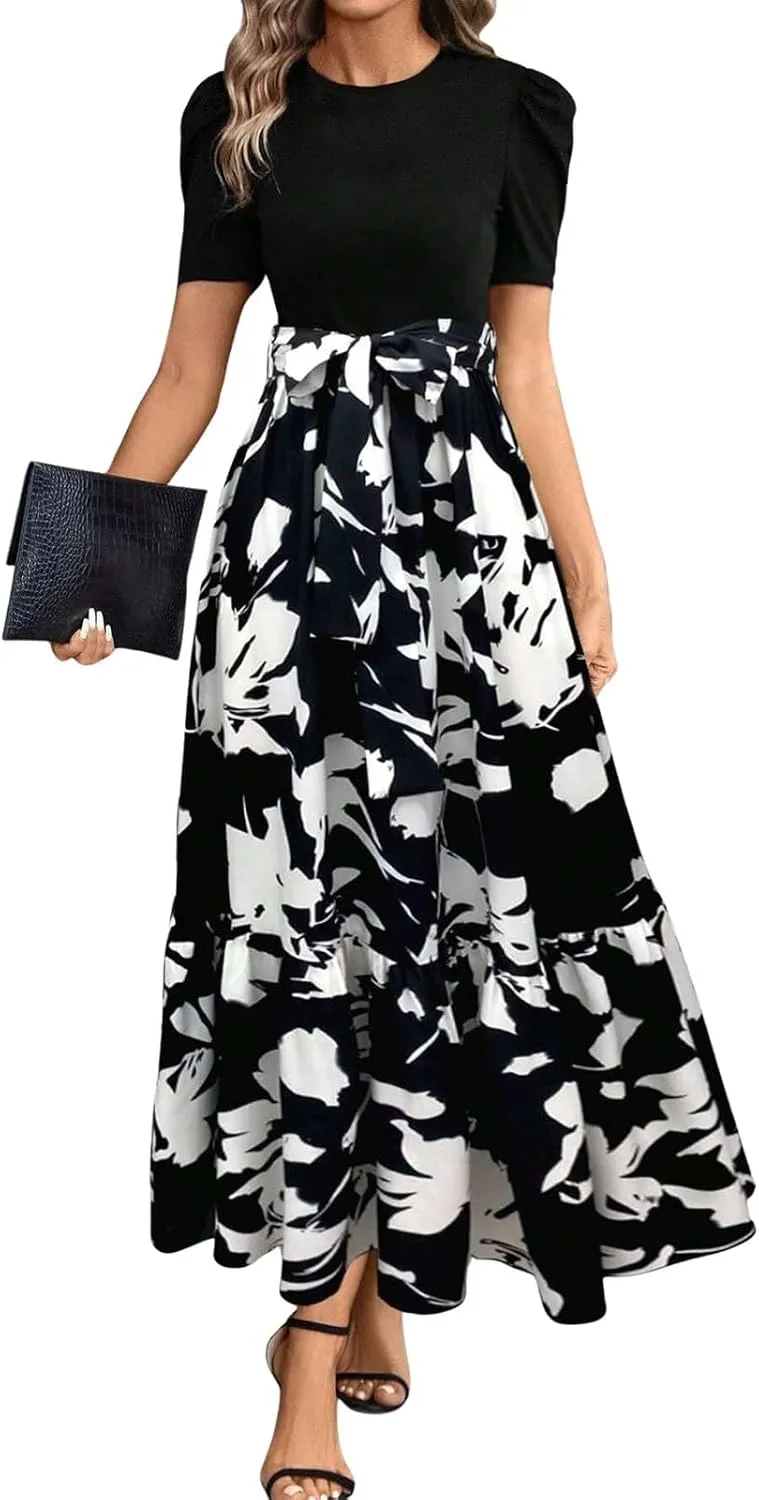 Summer Dresses for Women Floral Printrd A-Line Dress with Belt Flowy High Waist Maxi Dress Casual Elegant Long Dress