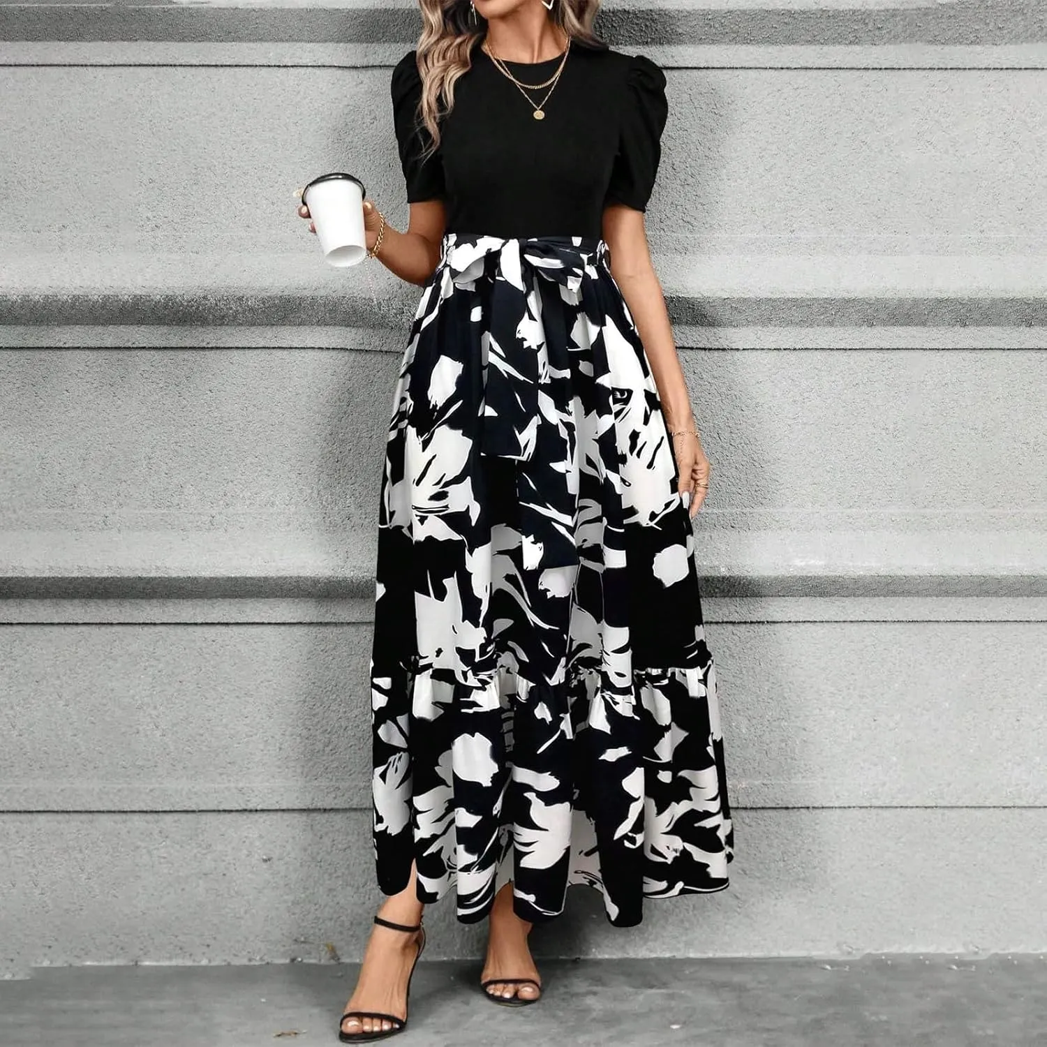 Summer Dresses for Women Floral Printrd A-Line Dress with Belt Flowy High Waist Maxi Dress Casual Elegant Long Dress