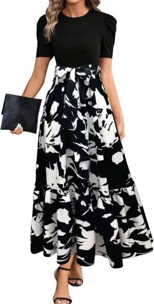 Summer Dresses for Women Floral Printrd A-Line Dress with Belt Flowy High Waist Maxi Dress Casual Elegant Long Dress