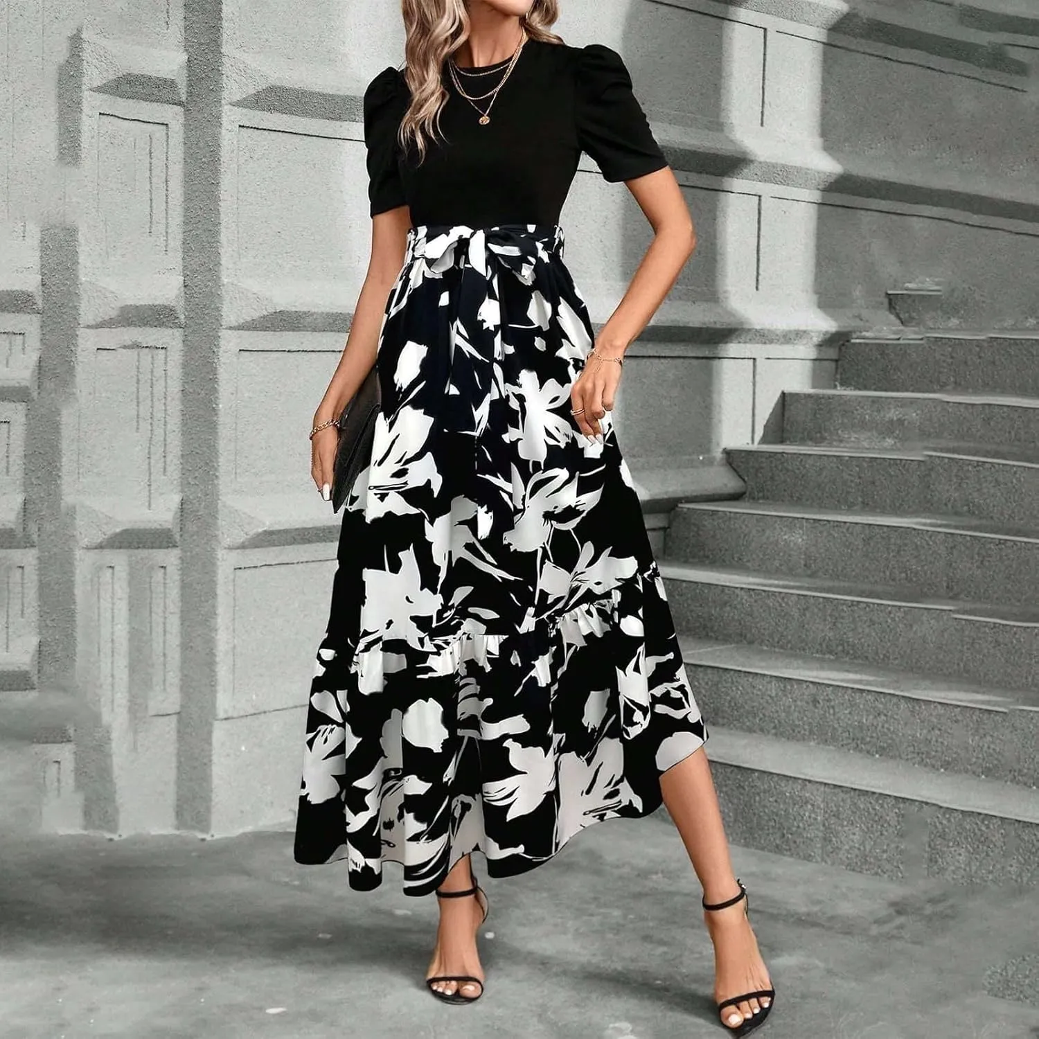 Summer Dresses for Women Floral Printrd A-Line Dress with Belt Flowy High Waist Maxi Dress Casual Elegant Long Dress