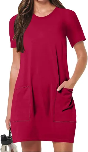 Summer Dresses for Women Short Sleeve Tunic Dress Casual Fashion Tops Dress Loose Fit Solid Color Dresses with Pocket