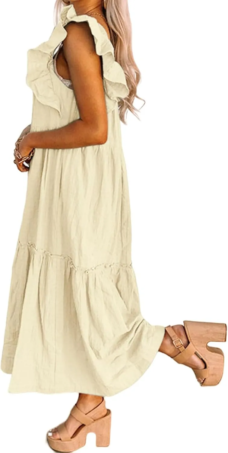 Summer Dresses for Women Square Neck Ruffle Sleeve Maxi Dress Ruffle Floral Fairy Tiered Swing Dresses Sundress 2025