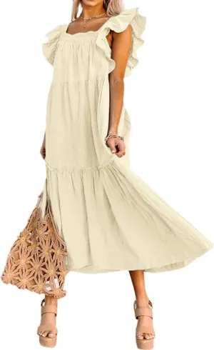 Summer Dresses for Women Square Neck Ruffle Sleeve Maxi Dress Ruffle Floral Fairy Tiered Swing Dresses Sundress 2025