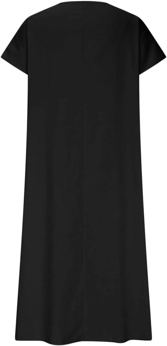 Summer Maxi Dresses for Women 2025 Fashion V Neck Short Sleeve Solid Dress Cotton Linen Loose Comfy Beach Casual Dress