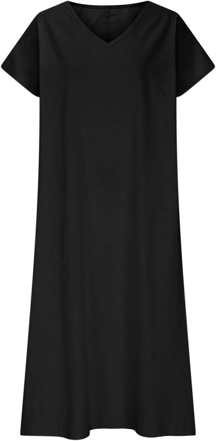 Summer Maxi Dresses for Women 2025 Fashion V Neck Short Sleeve Solid Dress Cotton Linen Loose Comfy Beach Casual Dress