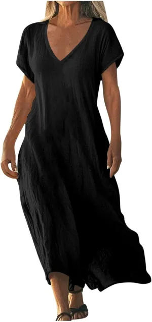 Summer Maxi Dresses for Women 2025 Fashion V Neck Short Sleeve Solid Dress Cotton Linen Loose Comfy Beach Casual Dress
