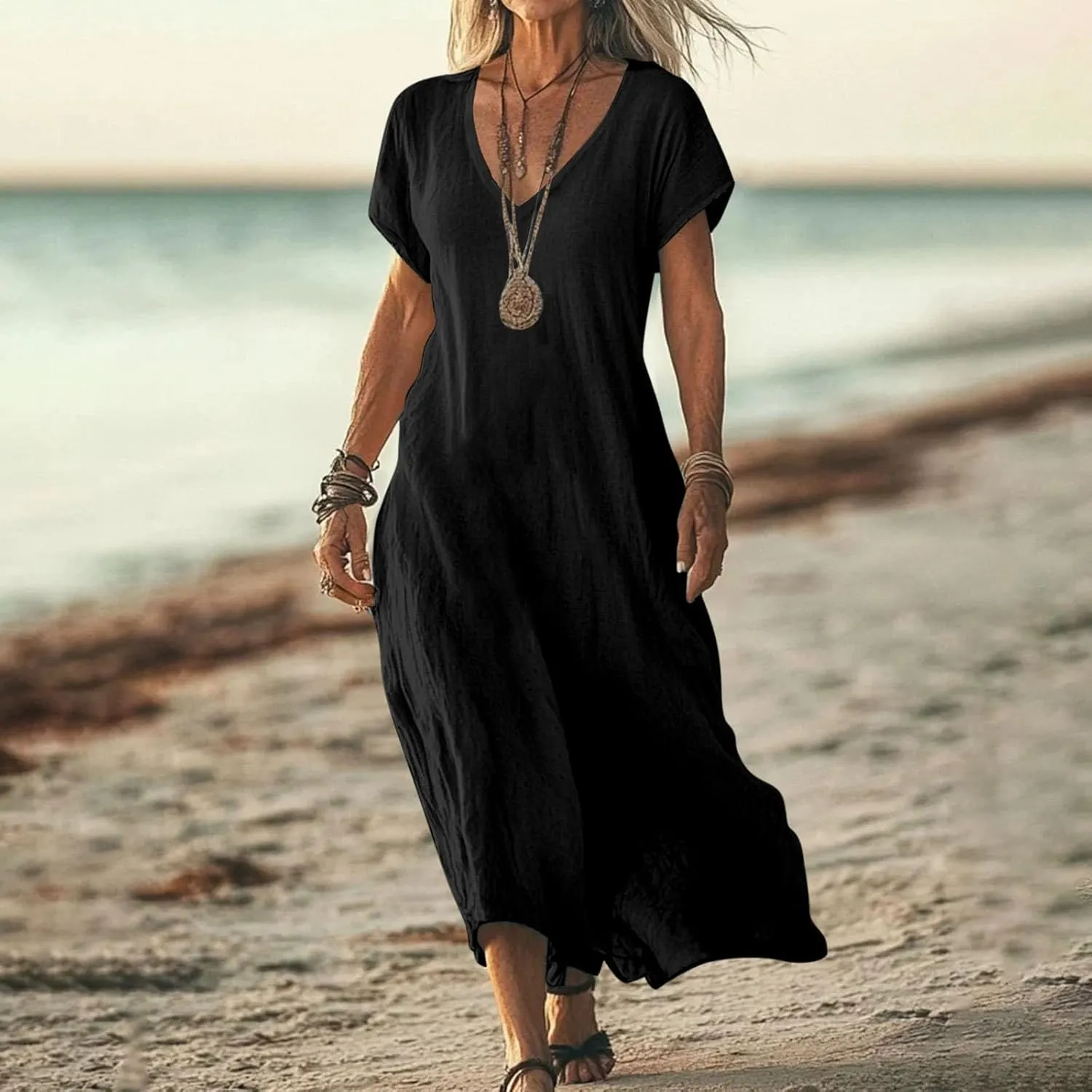 Summer Maxi Dresses for Women 2025 Fashion V Neck Short Sleeve Solid Dress Cotton Linen Loose Comfy Beach Casual Dress