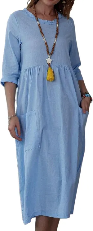 Summer Maxi Dresses for Women Casual Cotton Linen Long Dress Short Sleeve Loose Beach Sundress Tshirt Dress Pockets