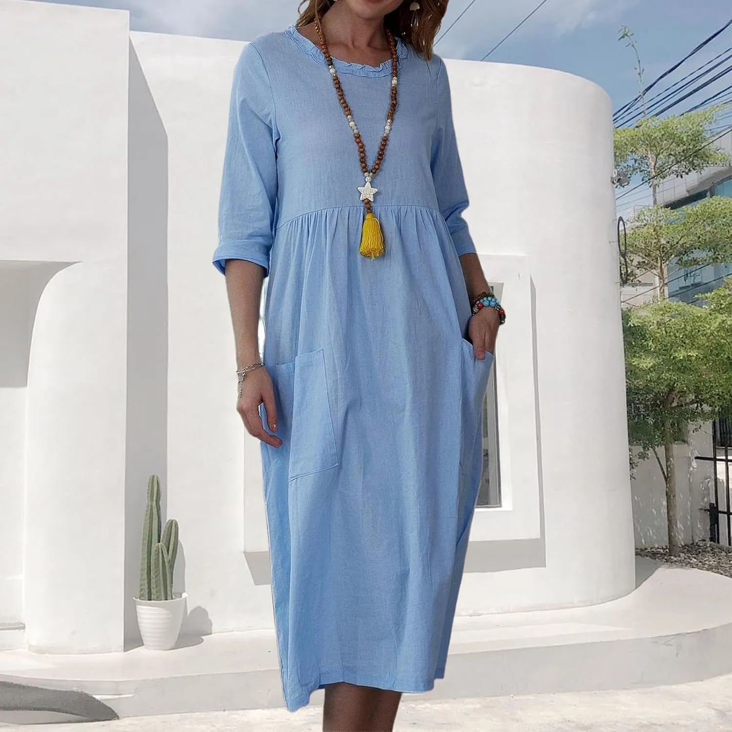 Summer Maxi Dresses for Women Casual Cotton Linen Long Dress Short Sleeve Loose Beach Sundress Tshirt Dress Pockets