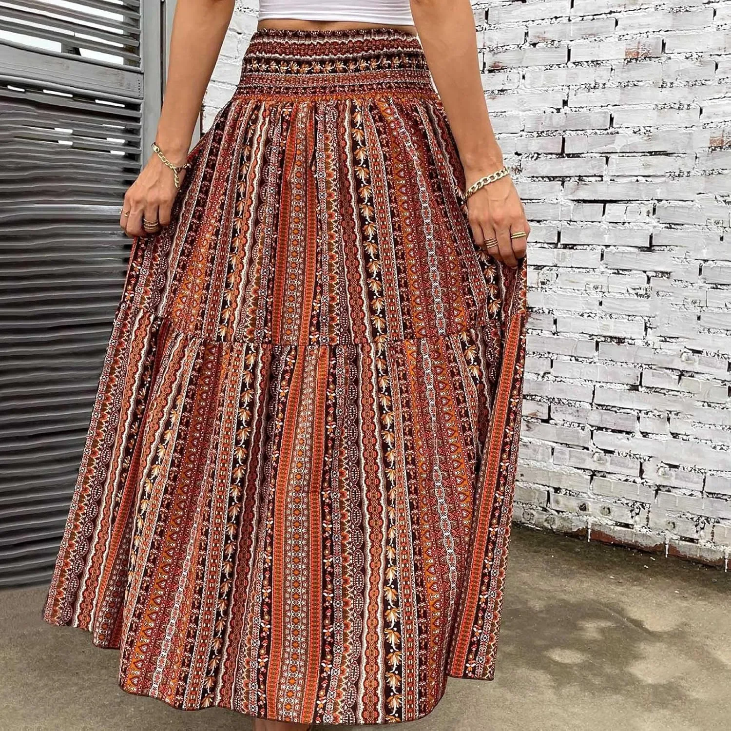 Summer Skirts for Women Boho Floral Print Smocked High Waist A Line Pleated Maxi Skirts Beach Vacation Flowy Long Skirt