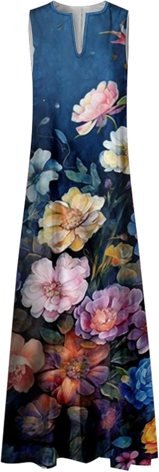 Sundresses for Women 2024 Casual Floral Print Maxi Dress with Pockets V Neck Flowy Swing Plus Size Summer Dresses