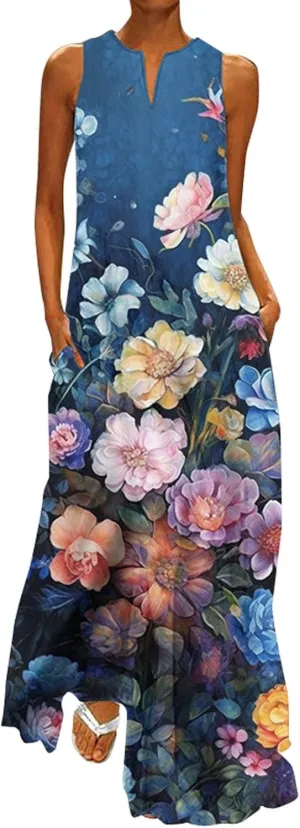 Sundresses for Women 2024 Casual Floral Print Maxi Dress with Pockets V Neck Flowy Swing Plus Size Summer Dresses