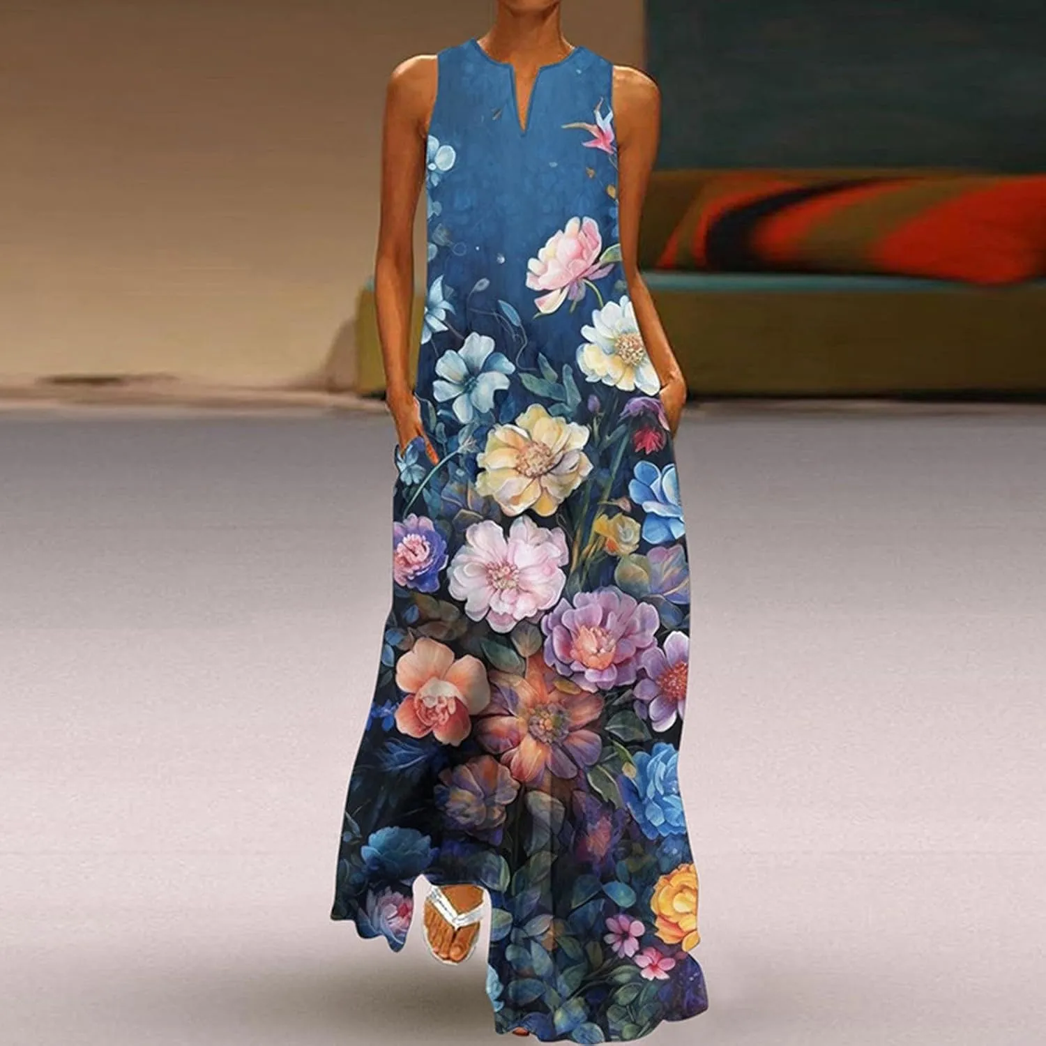 Sundresses for Women 2024 Casual Floral Print Maxi Dress with Pockets V Neck Flowy Swing Plus Size Summer Dresses