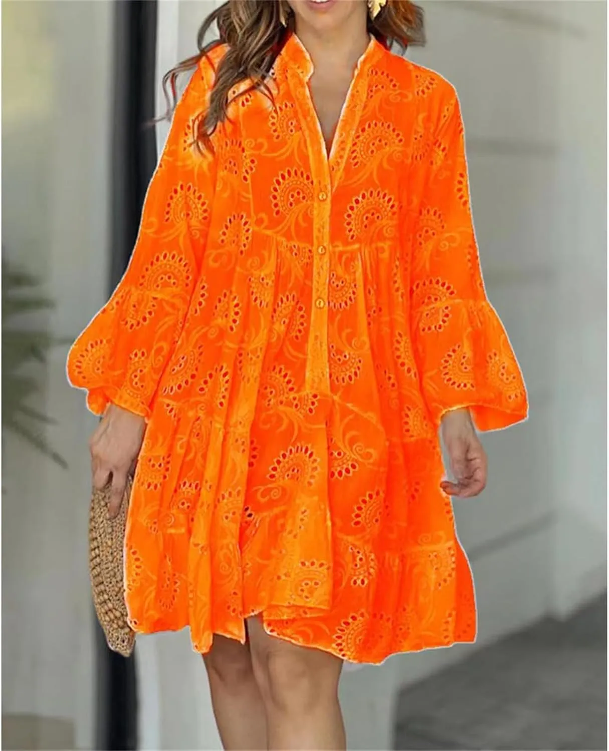 Sundresses for Women Sexy Fashion Hollow Dresses Collared Button Down Long Sleeve Dress Loose Fit Dresses 2025