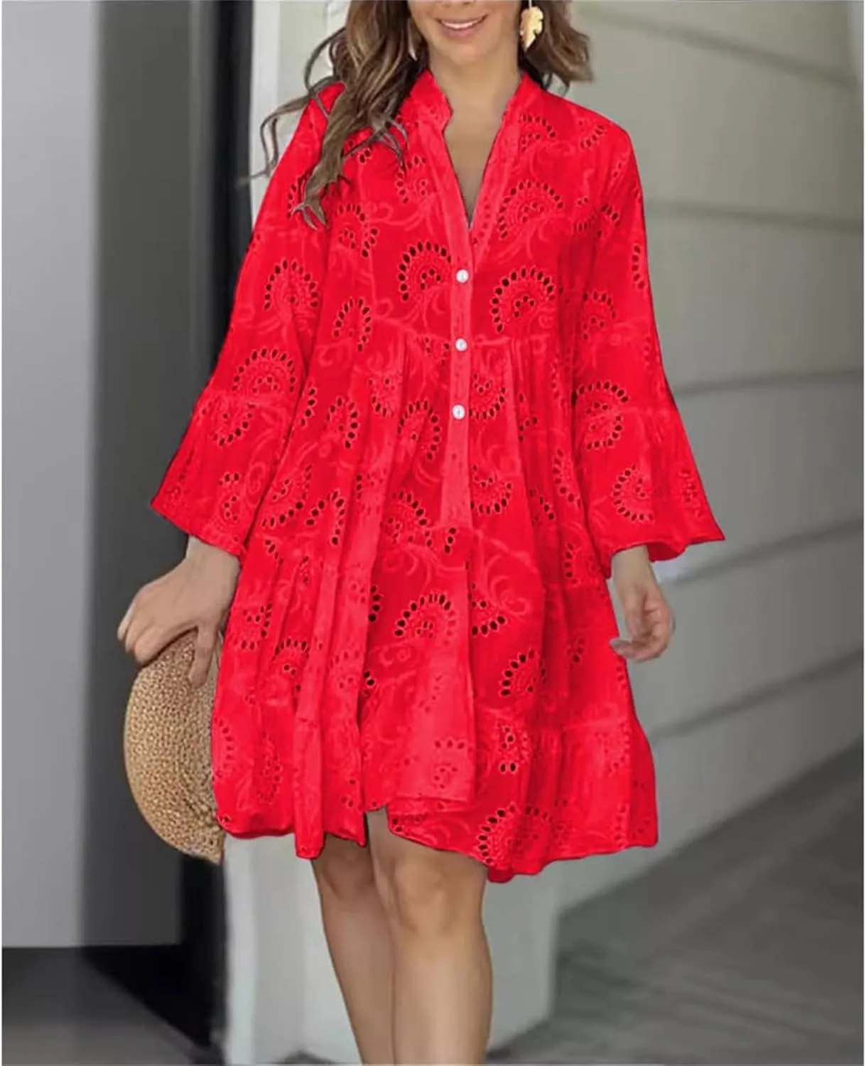 Sundresses for Women Sexy Fashion Hollow Dresses Collared Button Down Long Sleeve Dress Loose Fit Dresses 2025