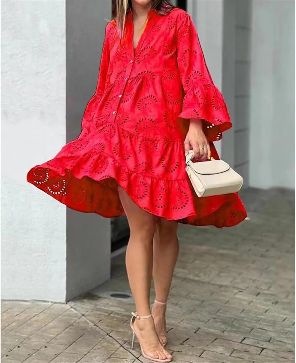 Sundresses for Women Sexy Fashion Hollow Dresses Collared Button Down Long Sleeve Dress Loose Fit Dresses 2025