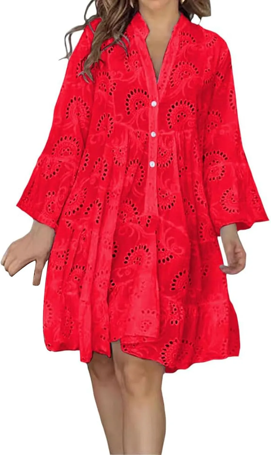 Sundresses for Women Sexy Fashion Hollow Dresses Collared Button Down Long Sleeve Dress Loose Fit Dresses 2025