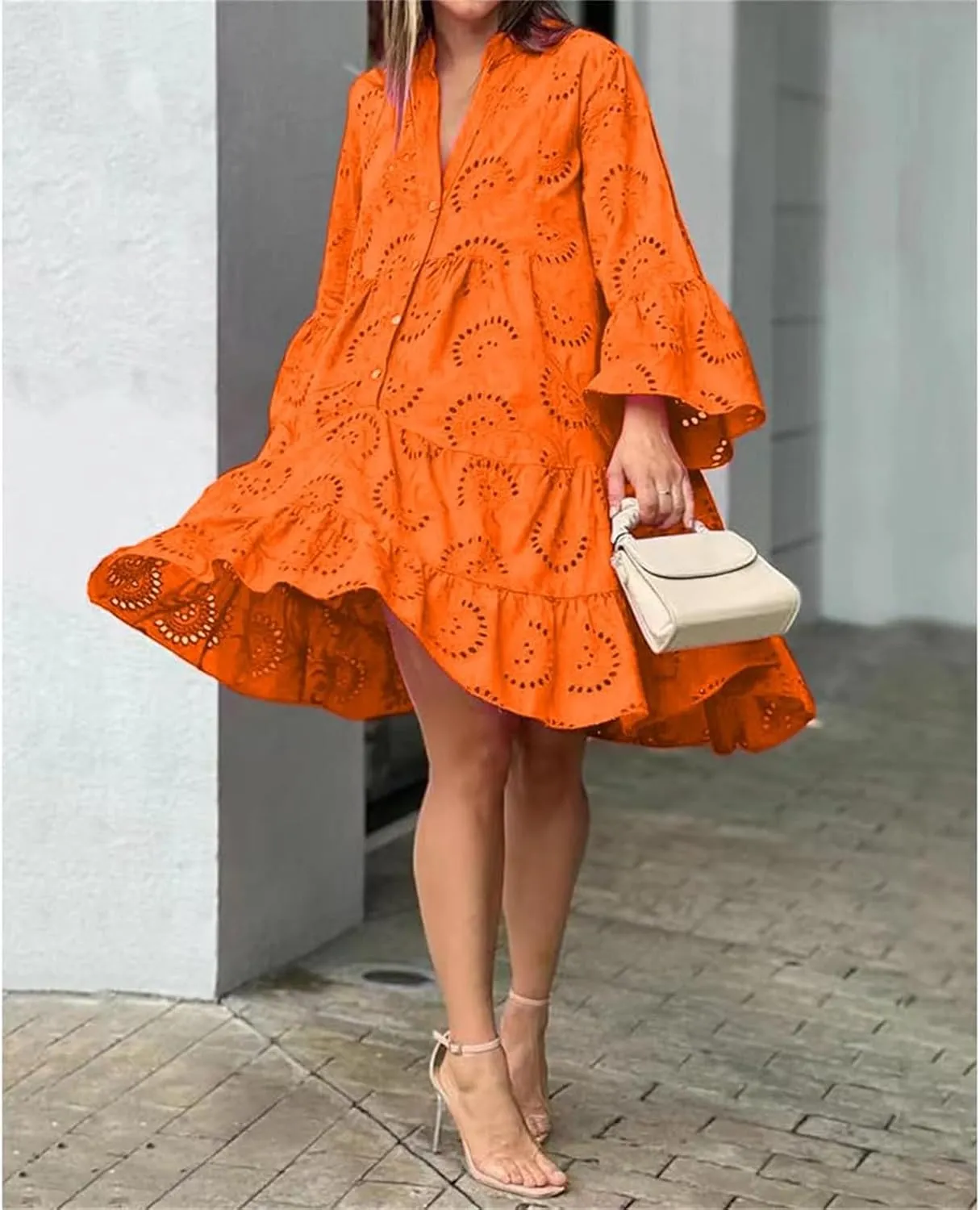 Sundresses for Women Sexy Fashion Hollow Dresses Collared Button Down Long Sleeve Dress Loose Fit Dresses 2025