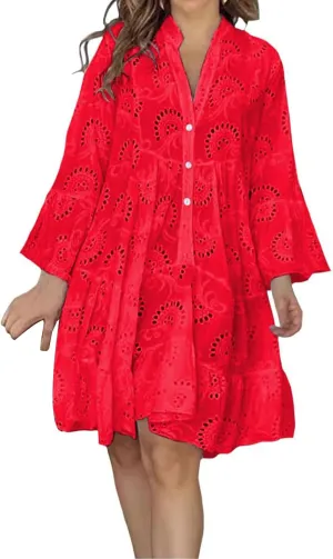 Sundresses for Women Sexy Fashion Hollow Dresses Collared Button Down Long Sleeve Dress Loose Fit Dresses 2025