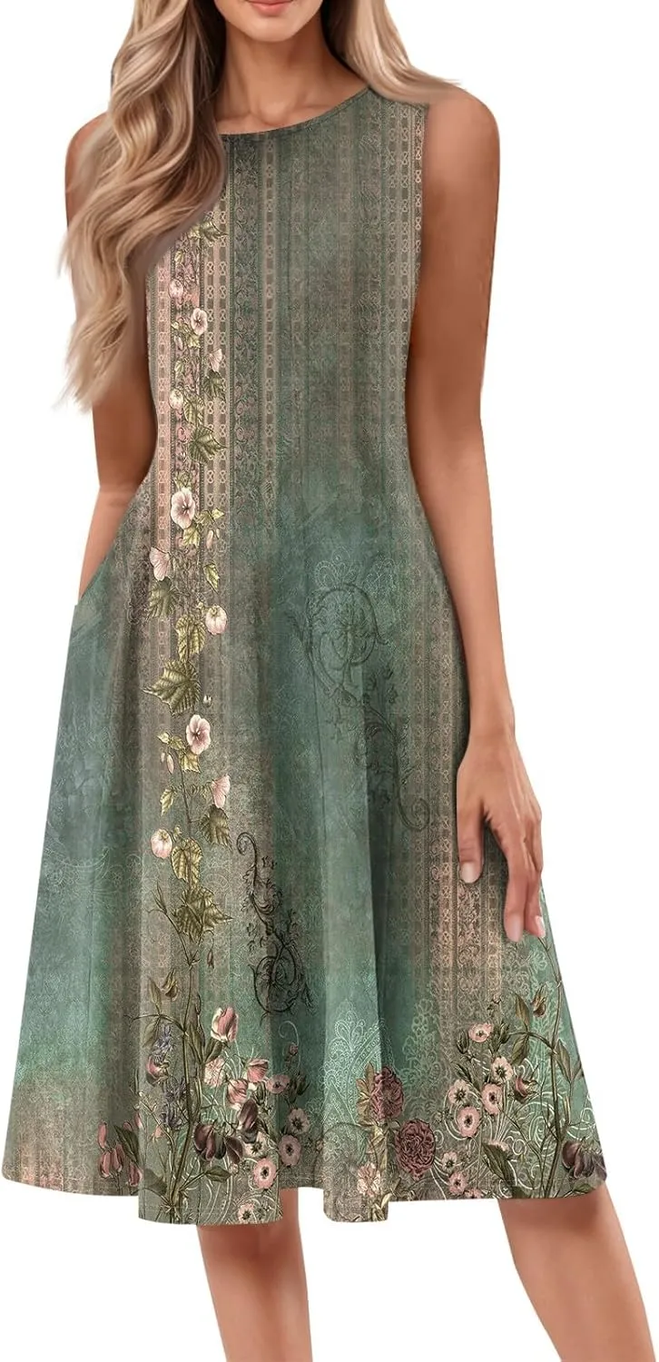 Sundresses for Women Tank Dress Summer Boho Dress Smocked Floral Dresses Casual Sleeveless Ruffle Dresses with Pockets