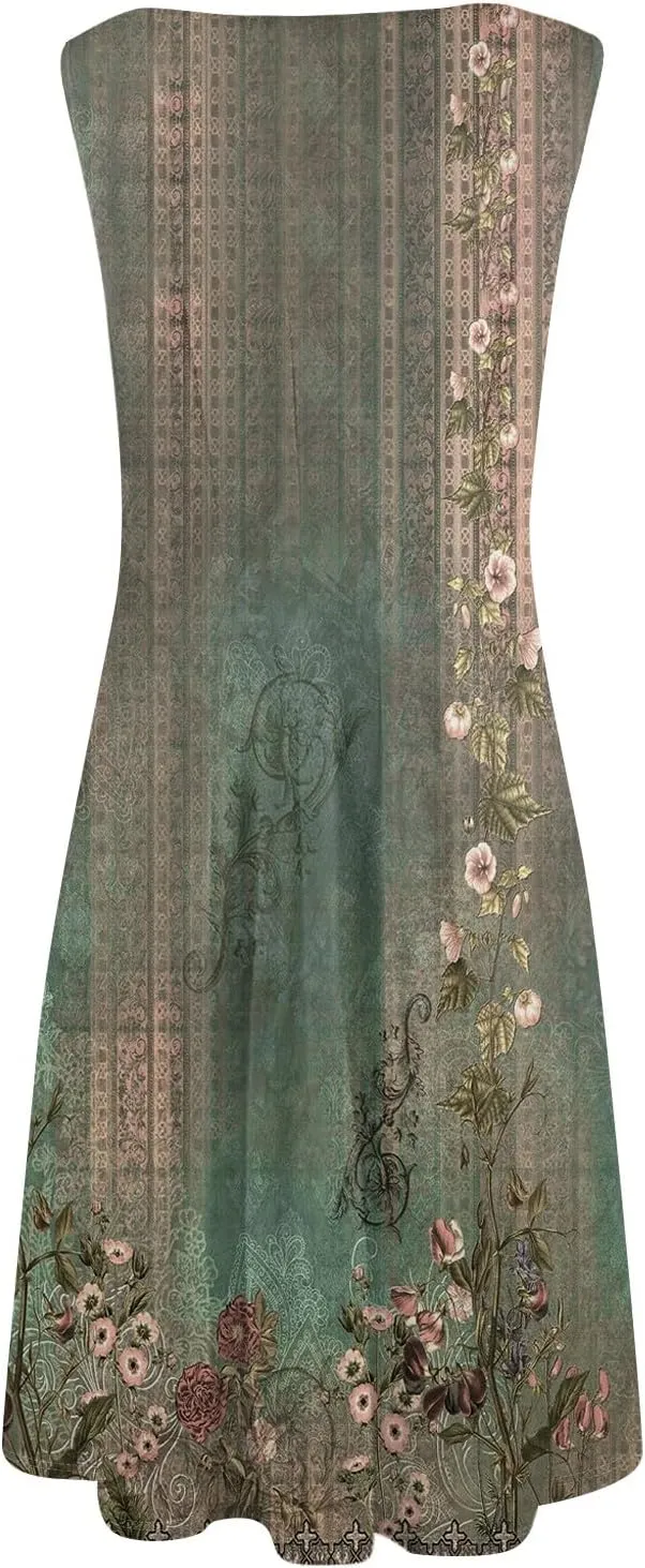 Sundresses for Women Tank Dress Summer Boho Dress Smocked Floral Dresses Casual Sleeveless Ruffle Dresses with Pockets