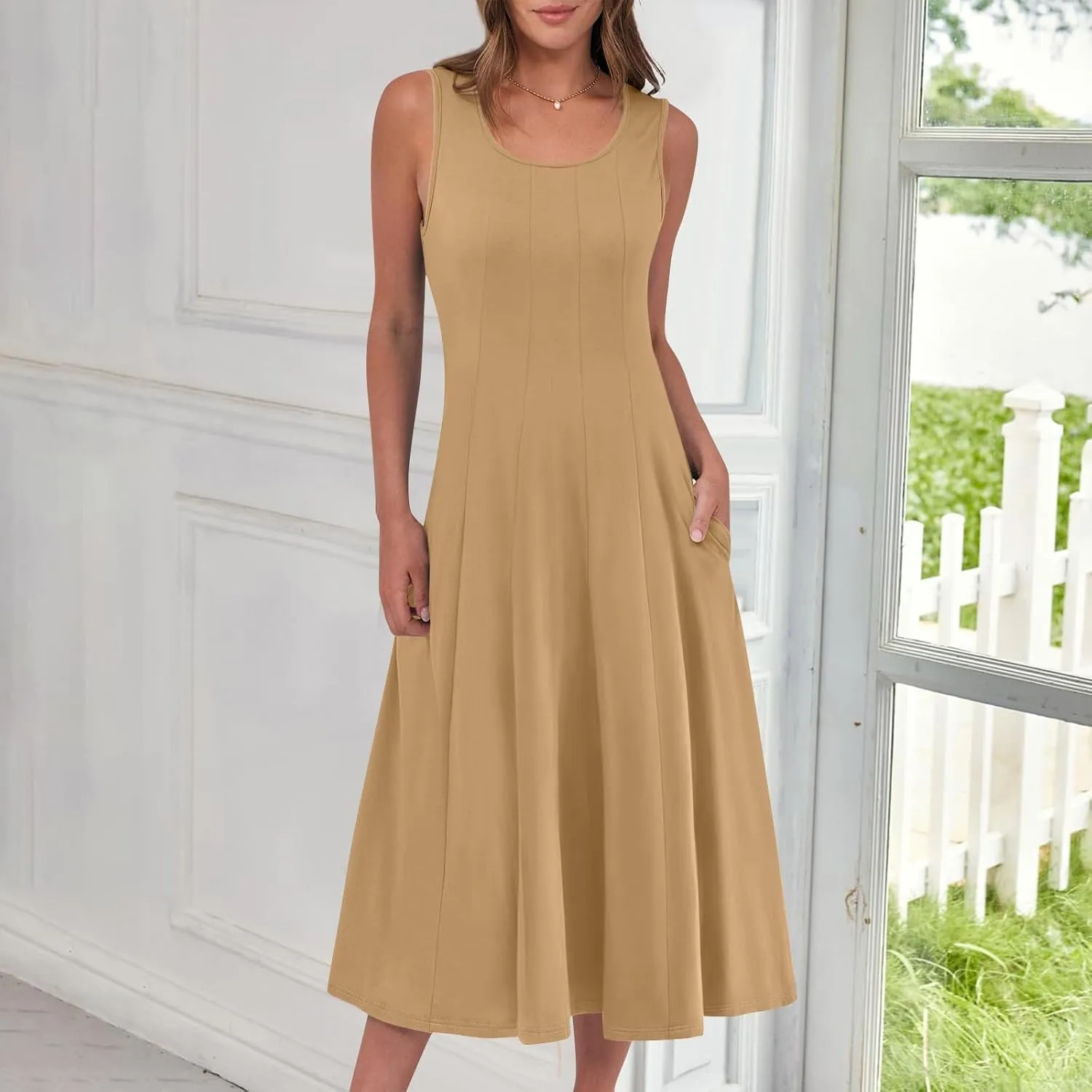 Sundresses for Women Tank Dress Summer Boho Dress Smocked Floral Dresses Casual Sleeveless Ruffle Dresses with Pockets