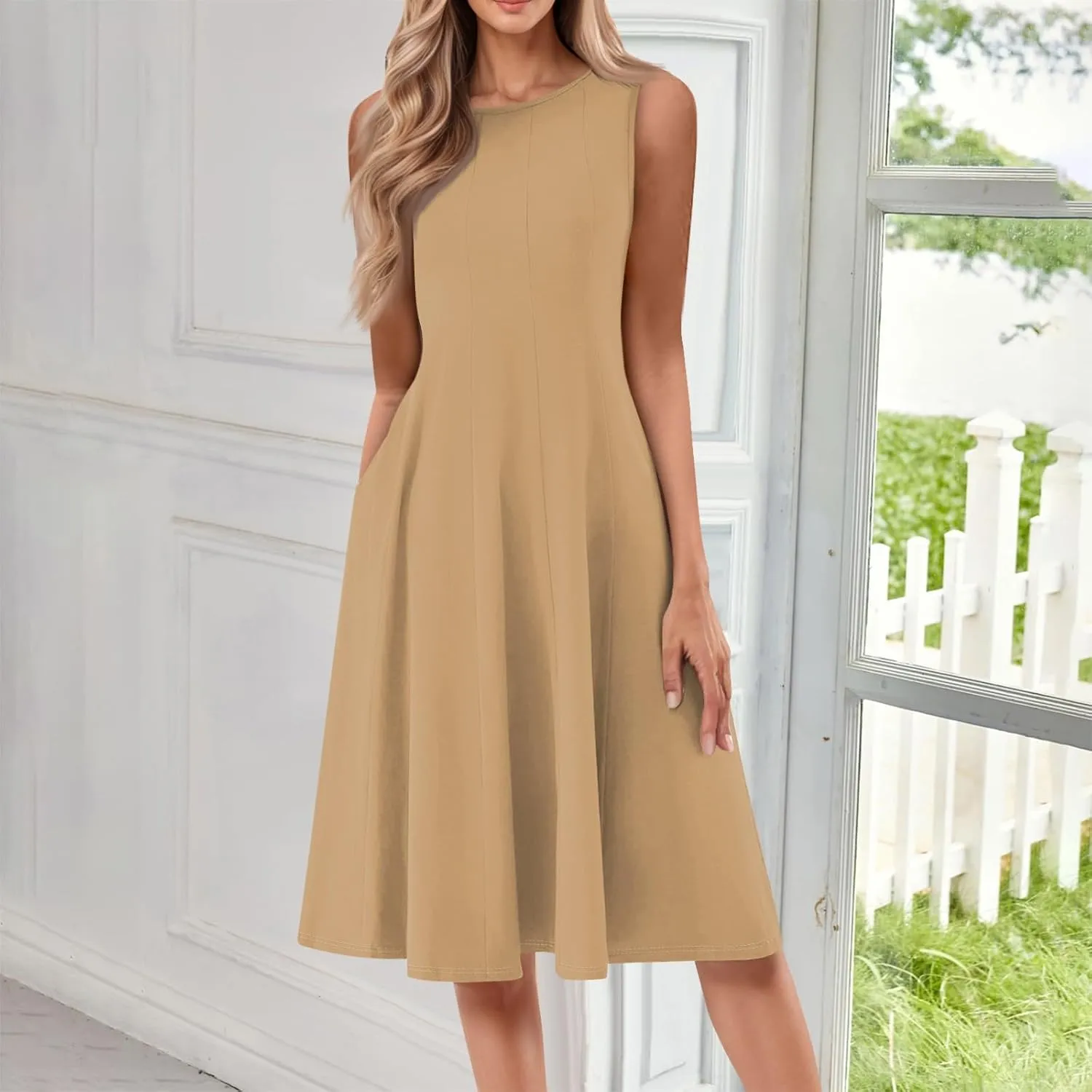 Sundresses for Women Tank Dress Summer Boho Dress Smocked Floral Dresses Casual Sleeveless Ruffle Dresses with Pockets