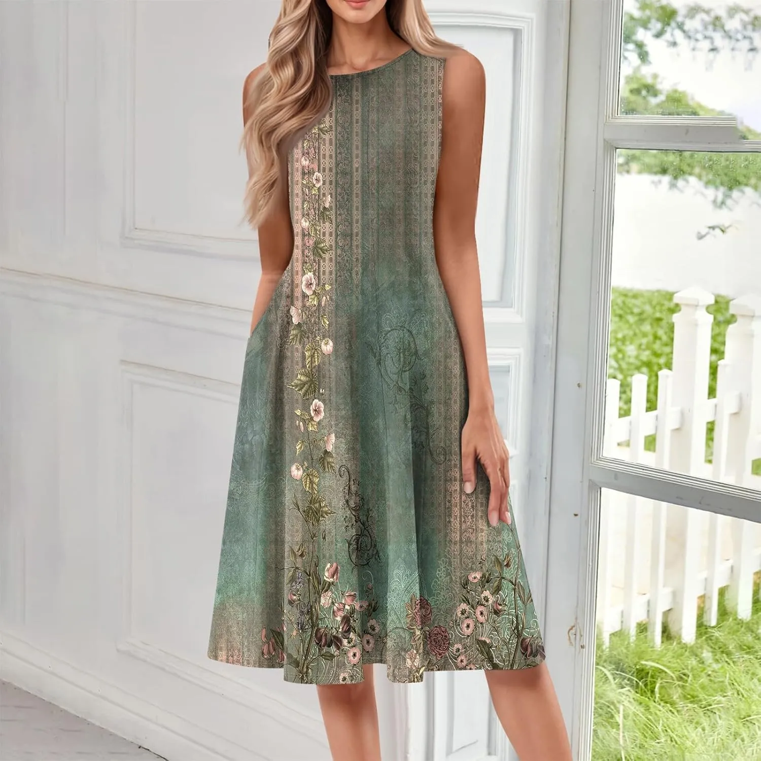 Sundresses for Women Tank Dress Summer Boho Dress Smocked Floral Dresses Casual Sleeveless Ruffle Dresses with Pockets
