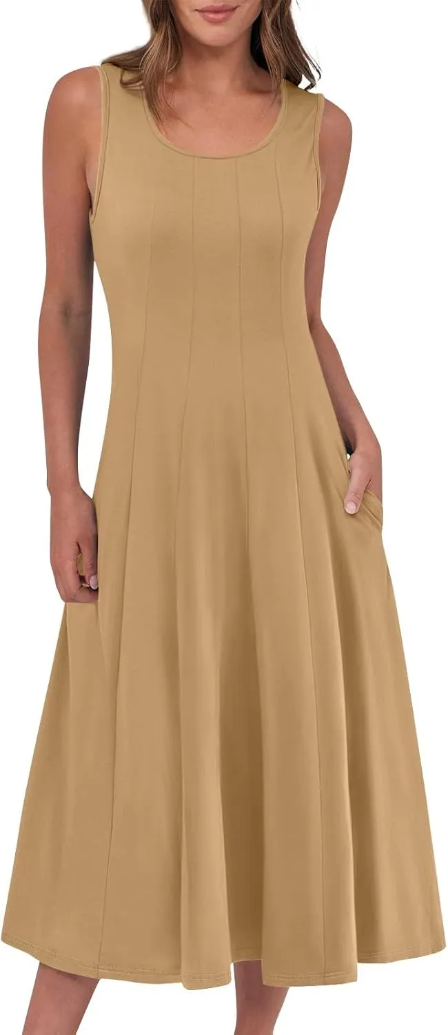 Sundresses for Women Tank Dress Summer Boho Dress Smocked Floral Dresses Casual Sleeveless Ruffle Dresses with Pockets