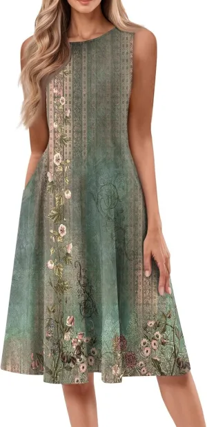 Sundresses for Women Tank Dress Summer Boho Dress Smocked Floral Dresses Casual Sleeveless Ruffle Dresses with Pockets