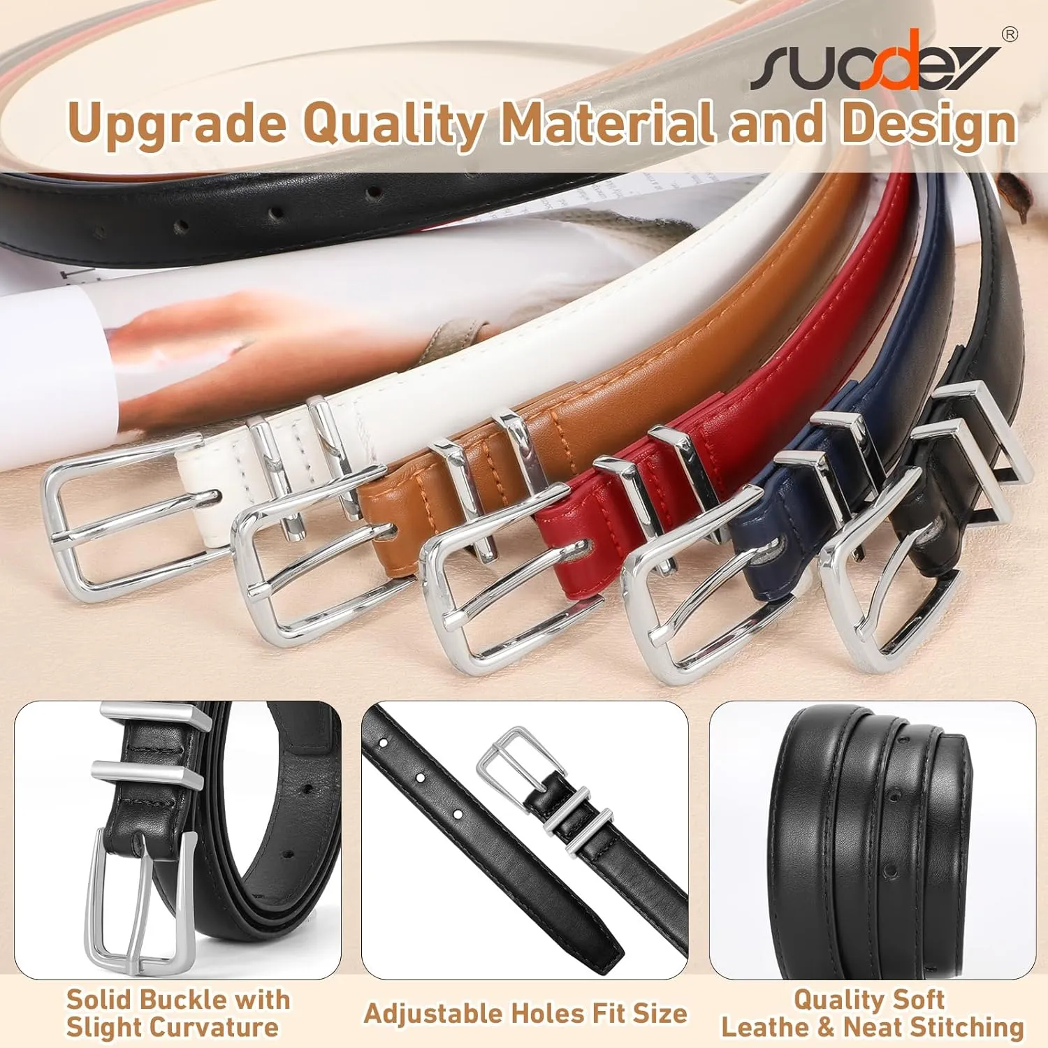 SUOSDEY Womens Skinny Leather Belt Solid Color Waist Belt with Pin Buckle for Jeans Dress Pants