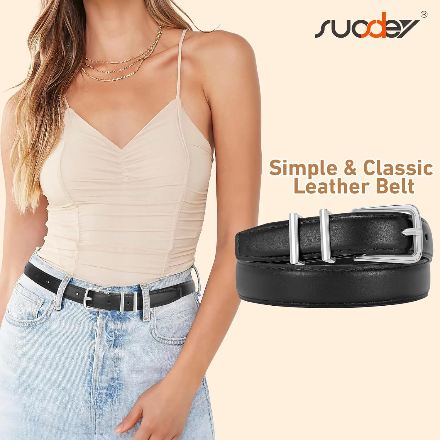 SUOSDEY Womens Skinny Leather Belt Solid Color Waist Belt with Pin Buckle for Jeans Dress Pants