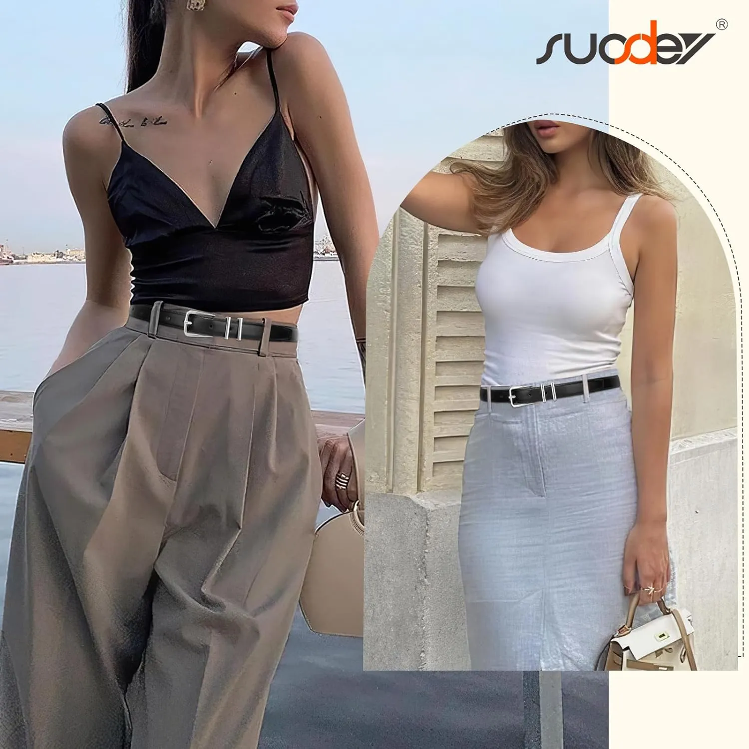 SUOSDEY Womens Skinny Leather Belt Solid Color Waist Belt with Pin Buckle for Jeans Dress Pants