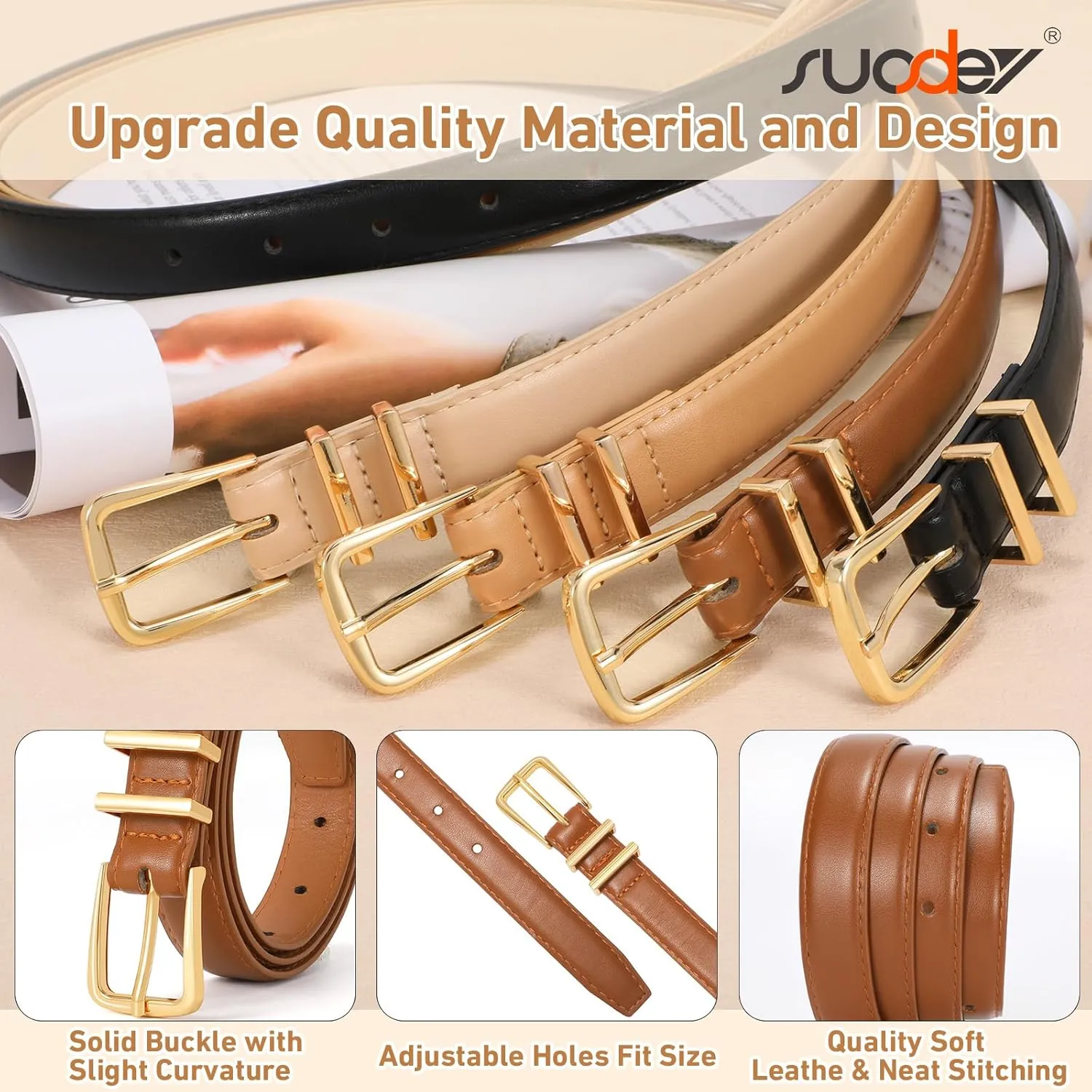 SUOSDEY Womens Skinny Leather Belt Solid Color Waist Belt with Pin Buckle for Jeans Dress Pants