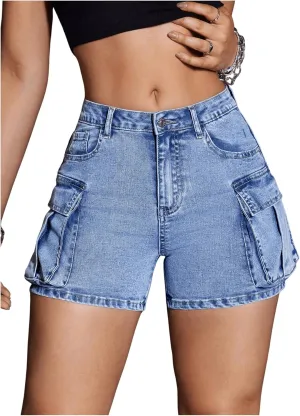 SweatyRocks Women's High Waist Skinny Fit Cargo Pocketed Stretchy Jean Shorts