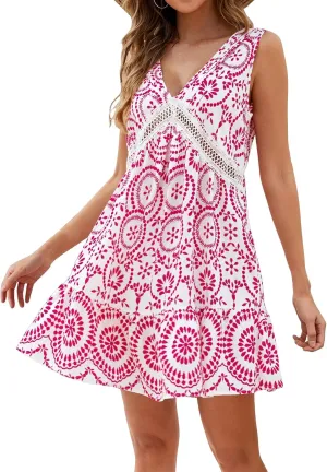 Swimsuit Coverup for Women Cutout Floral Lace Boho Mini Dress Sleeveless V Neck Tank Dress A Line Ruffle Dresses