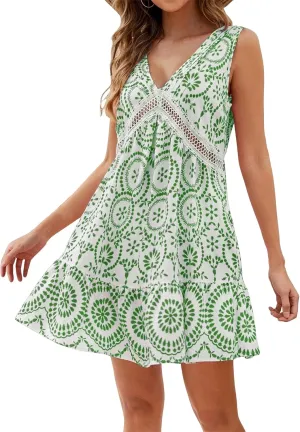 Swimsuit Coverup for Women Cutout Floral Lace Boho Mini Dress Sleeveless V Neck Tank Dress A Line Ruffle Dresses