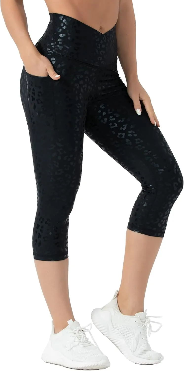 THE GYM PEOPLE Women's V Cross Waist Workout Capris Leggings Tummy Control Running Yoga Pants with Pockets