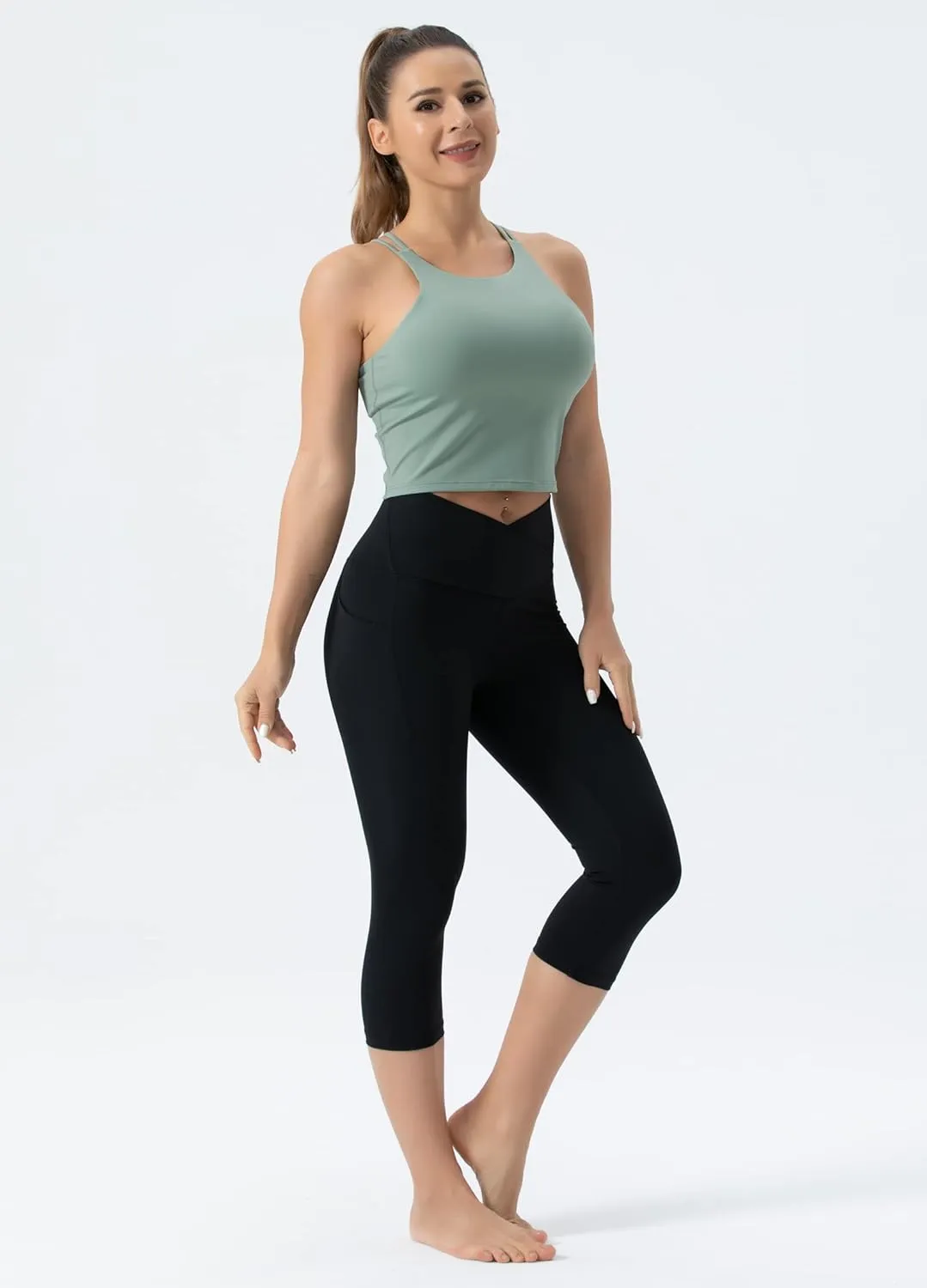 THE GYM PEOPLE Women's V Cross Waist Workout Capris Leggings Tummy Control Running Yoga Pants with Pockets
