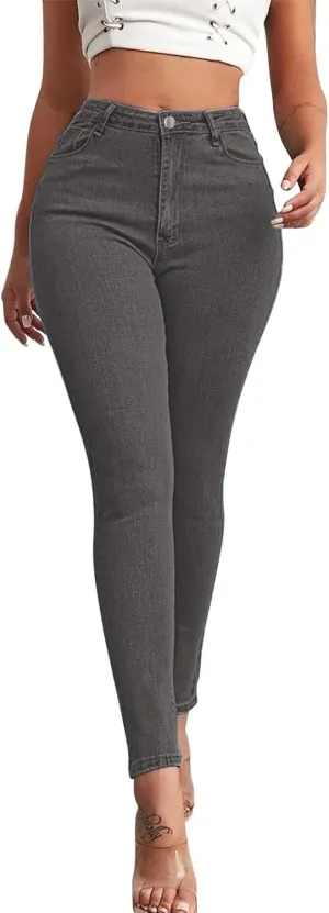 Tight Jeans for Women High Waisted Butt-Lifting Elastic Skinny Pencil Pants Button Solid Casual Denim Trousers