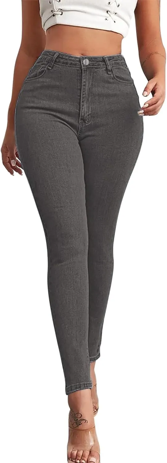 Tight Jeans for Women High Waisted Butt-Lifting Elastic Skinny Pencil Pants Button Solid Casual Denim Trousers