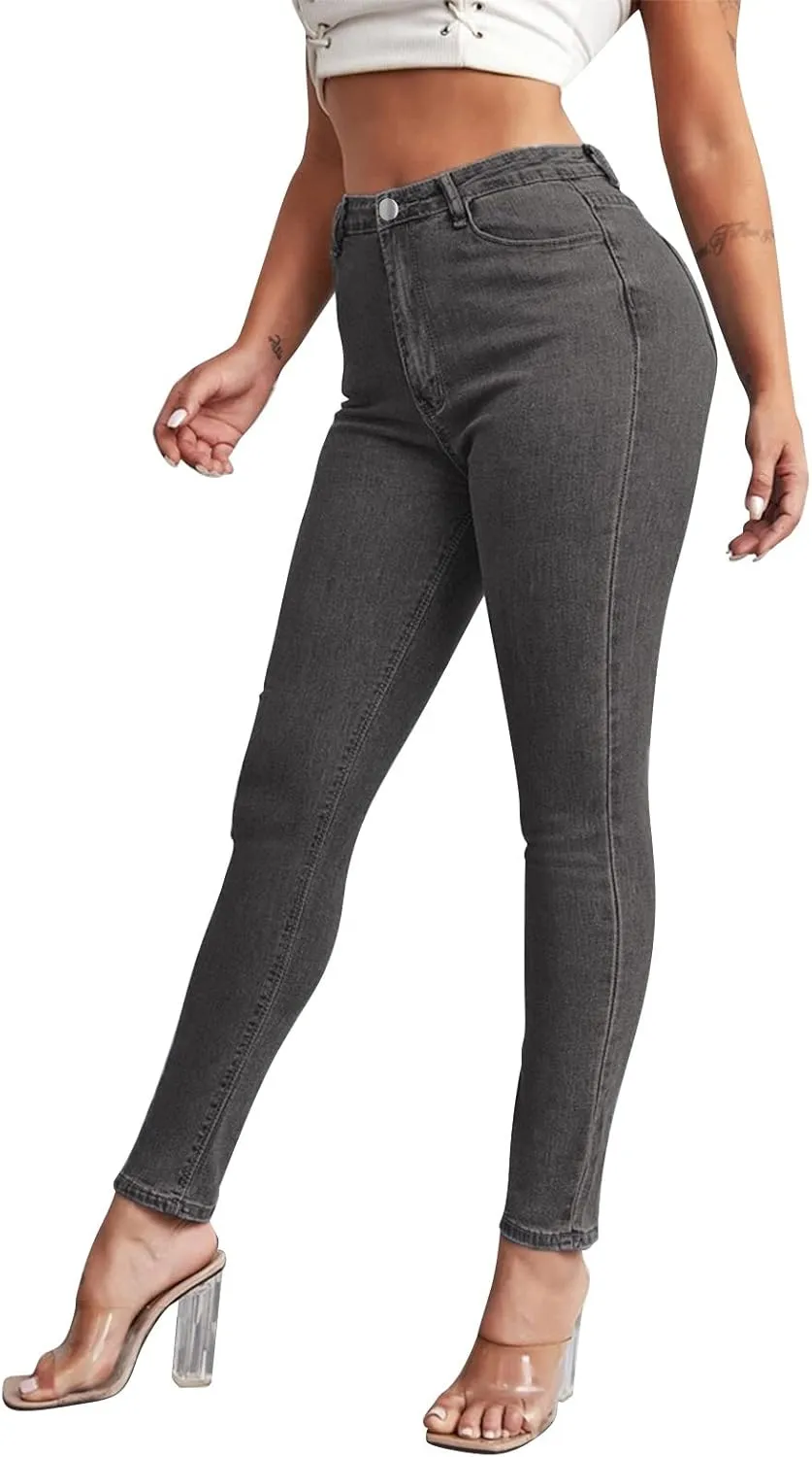 Tight Jeans for Women High Waisted Butt-Lifting Elastic Skinny Pencil Pants Button Solid Casual Denim Trousers