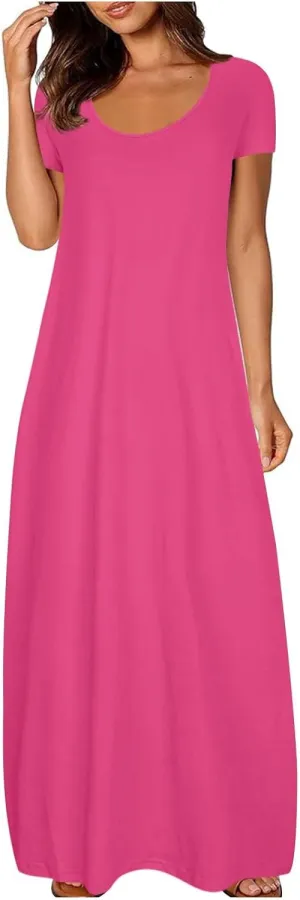Tshirt Dresses for Women Casual Scoop Neck Short Sleeve Maxi Dress Summer Loose Plain Vacation Long Tee Shirts Dress
