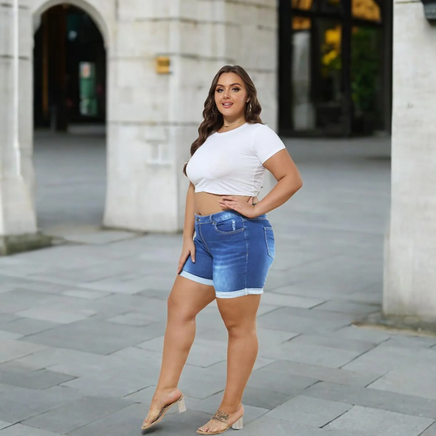 Tulucky Women Plus Size Jean Shorts High Waist Cute Distressed Ripped Folded Hem Denim Shorts