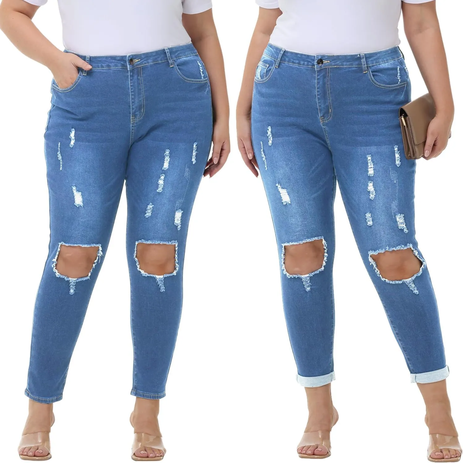Tulucky Women's Plus Size Boyfriend Jeans Distressed Ripped Denim Pants Comfy Stretch Skinny Jeans