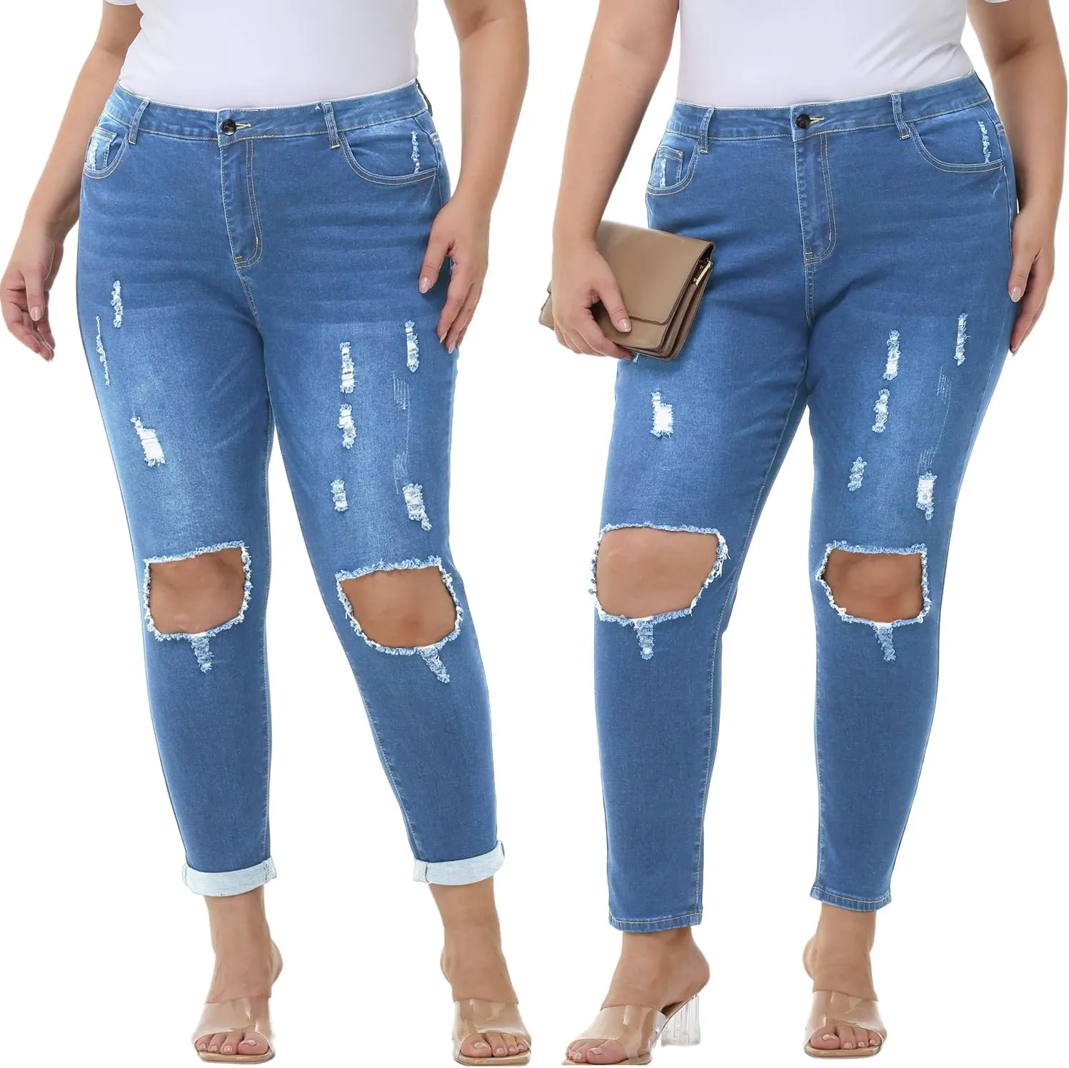 Tulucky Women's Plus Size Boyfriend Jeans Distressed Ripped Denim Pants Comfy Stretch Skinny Jeans
