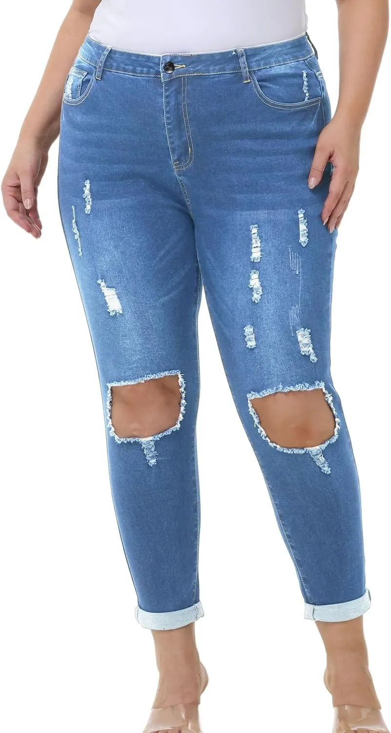 Tulucky Women's Plus Size Boyfriend Jeans Distressed Ripped Denim Pants Comfy Stretch Skinny Jeans